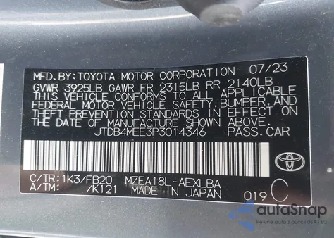 2023 Toyota Corolla Le z USA, uszkodzony, nr VIN JTDB4MEE3P3014346